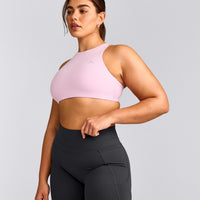 EasyLift™ High Neck Sports Bra with Gray Logo | Chalk Pink