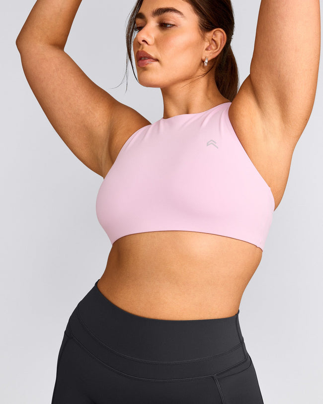 EasyLift™ High Neck Sports Bra with Gray Logo | Chalk Pink