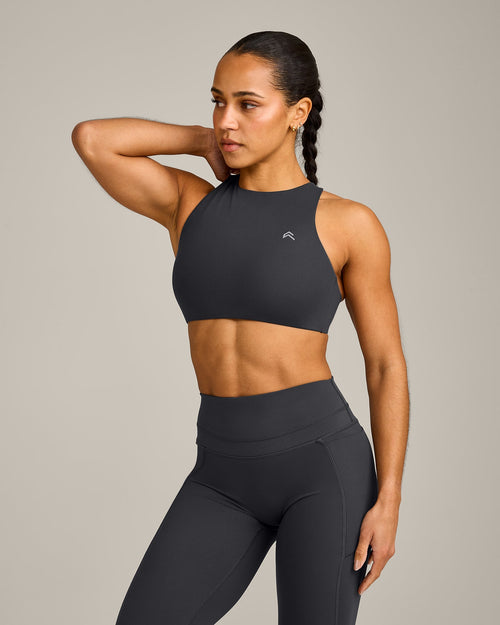 EasyLift™ High Neck Sports Bra with Gray Logo | Coal