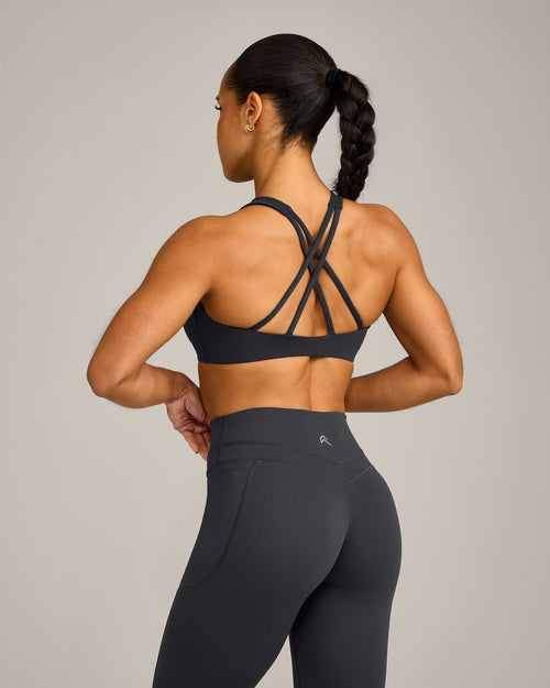 EasyLift™ High Neck Sports Bra with Gray Logo | Coal