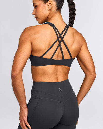 EasyLift™ High Neck Sports Bra with Gray Logo | Coal