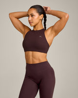 EasyLift™ High Neck Sports Bra with Gray Logo | Plum Brown