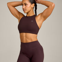 EasyLift™ High Neck Sports Bra with Gray Logo | Plum Brown
