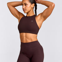 EasyLift™ High Neck Sports Bra with Gray Logo | Plum Brown