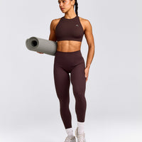 EasyLift™ High Neck Sports Bra with Gray Logo | Plum Brown