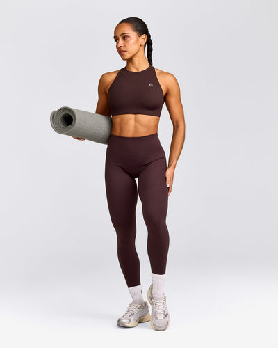 EasyLift™ High Neck Sports Bra with Gray Logo | Plum Brown