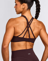 EasyLift™ High Neck Sports Bra with Gray Logo | Plum Brown