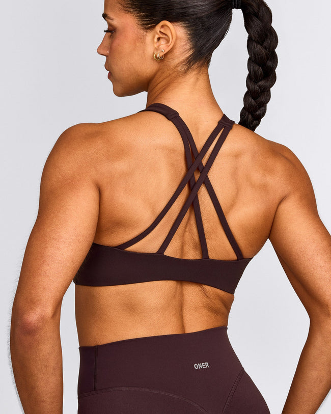 EasyLift™ High Neck Sports Bra with Gray Logo | Plum Brown