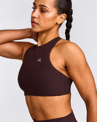 EasyLift™ High Neck Sports Bra with Gray Logo | Plum Brown