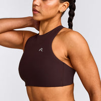 EasyLift™ High Neck Sports Bra with Gray Logo | Plum Brown