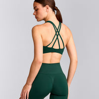 EasyLift™ High Neck Sports Bra with Gray Logo | Racing Green