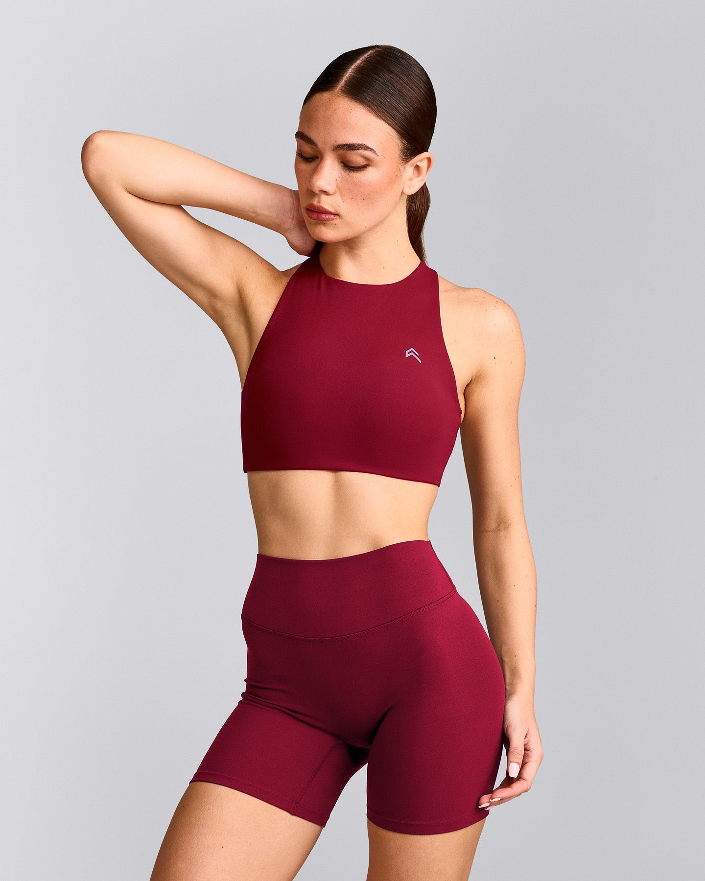 EasyLift™ High Neck Sports Bra with Gray Logo | Ruby Red