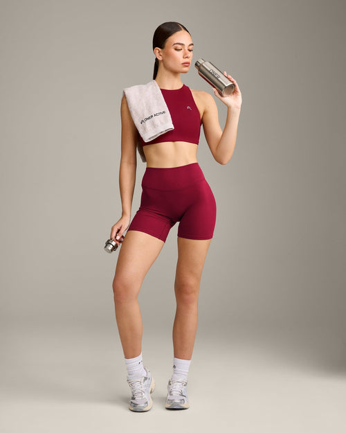 EasyLift™ High Neck Sports Bra with Gray Logo | Ruby Red