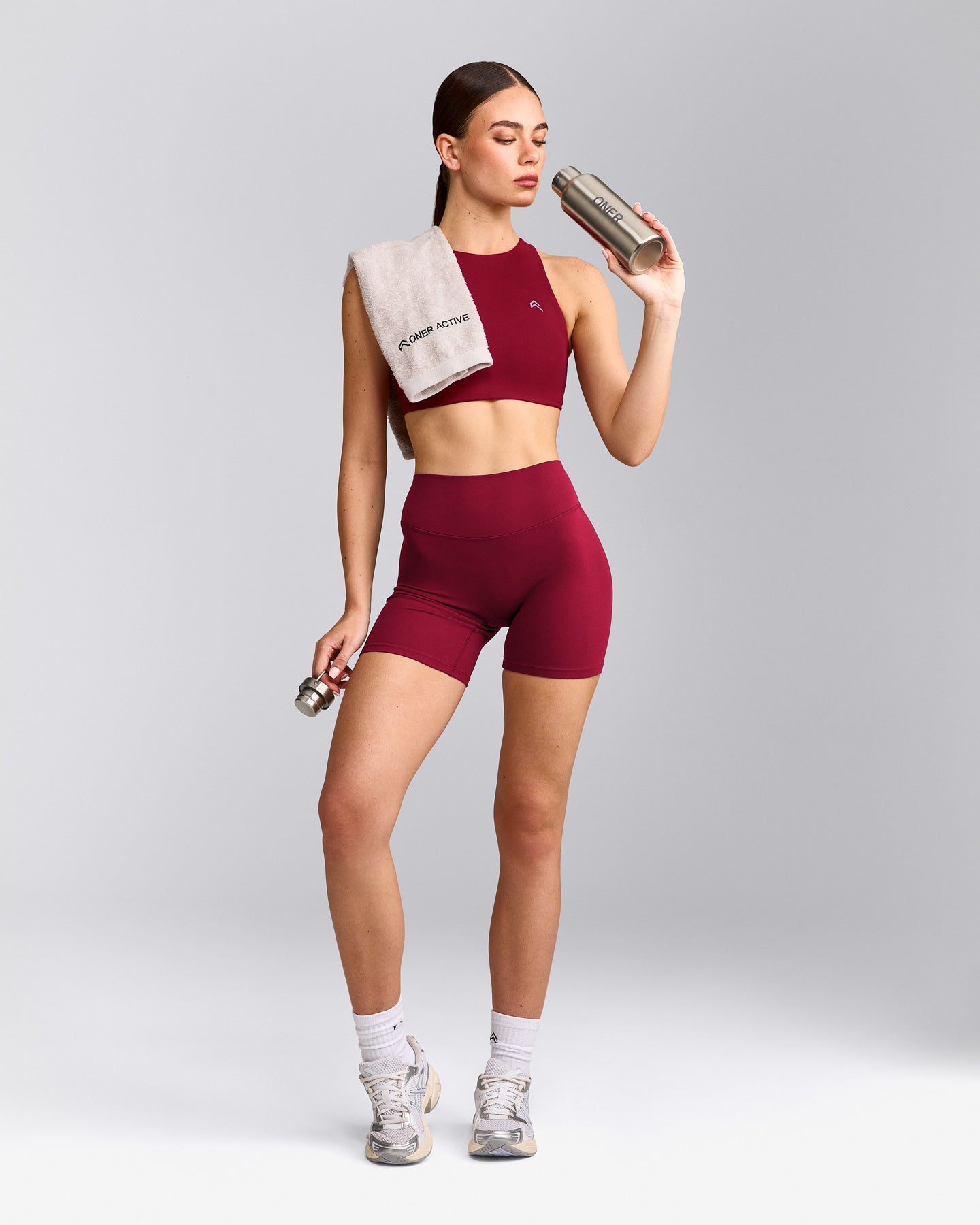 EasyLift™ High Neck Sports Bra with Gray Logo | Ruby Red