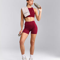 EasyLift™ High Neck Sports Bra with Gray Logo | Ruby Red