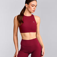 EasyLift™ High Neck Sports Bra with Gray Logo | Ruby Red