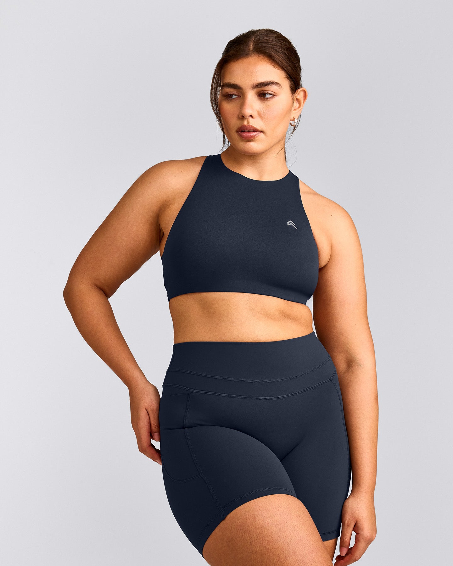 EasyLift™ High Neck Sports Bra with Gray Logo | True Blue