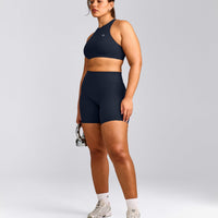 EasyLift™ High Neck Sports Bra with Gray Logo | True Blue