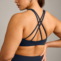 EasyLift™ High Neck Sports Bra with Gray Logo | True Blue