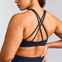 EasyLift™ High Neck Sports Bra with Gray Logo | True Blue