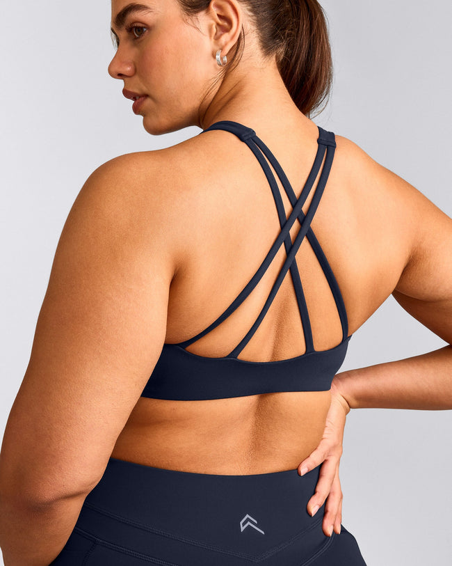 EasyLift™ High Neck Sports Bra with Gray Logo | True Blue