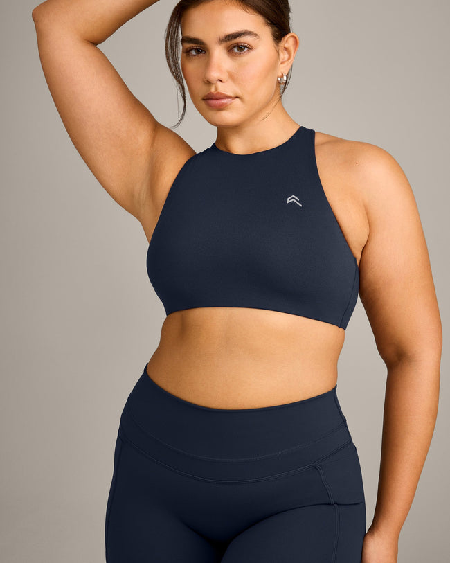 EasyLift™ High Neck Sports Bra with Gray Logo | True Blue