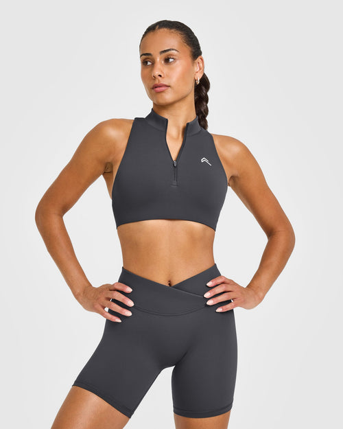 Oner Modal EasyLift™ Zip High Neck Sports Bra with White Logo | Coal