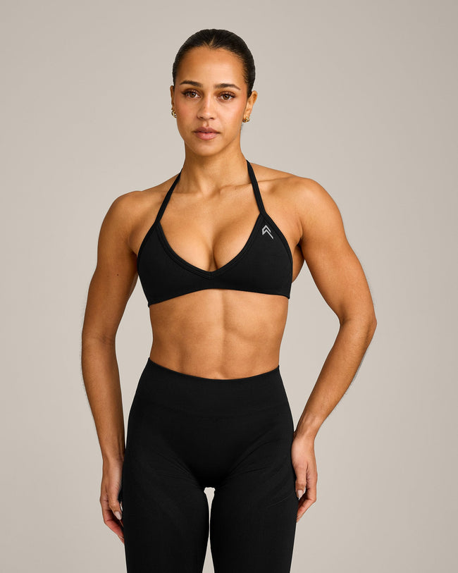 EnhanceLift™ Seamless Minimal Halter Neck Bralette with Gray Logo | Black