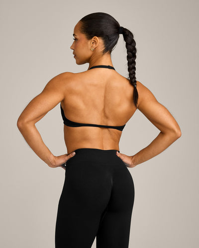 EnhanceLift™ Seamless Minimal Halter Neck Bralette with Gray Logo | Black