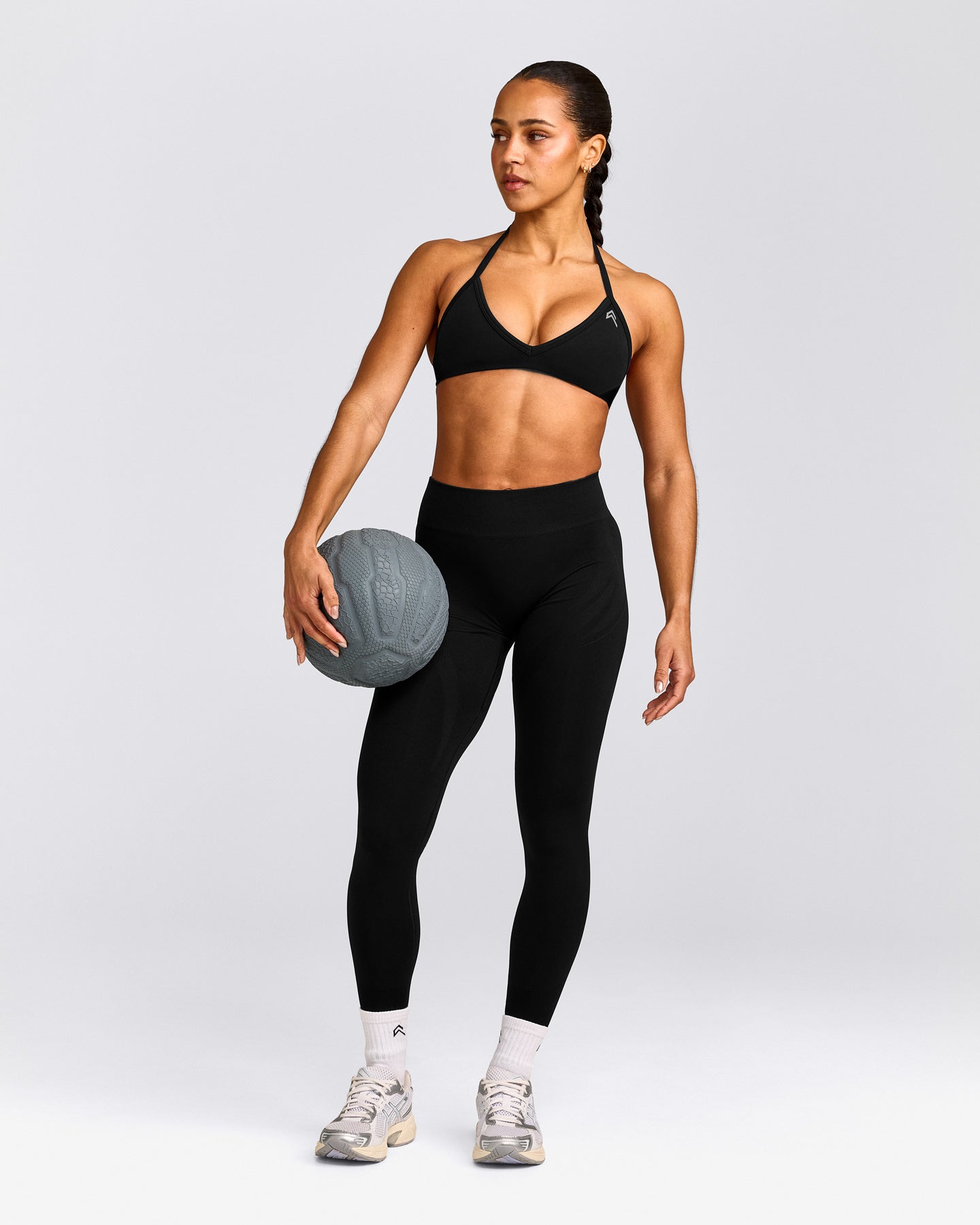 EnhanceLift™ Seamless Minimal Halter Neck Bralette with Gray Logo | Black