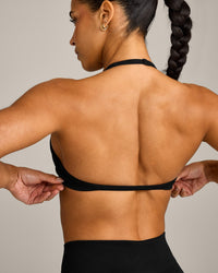 EnhanceLift™ Seamless Minimal Halter Neck Bralette with Gray Logo | Black