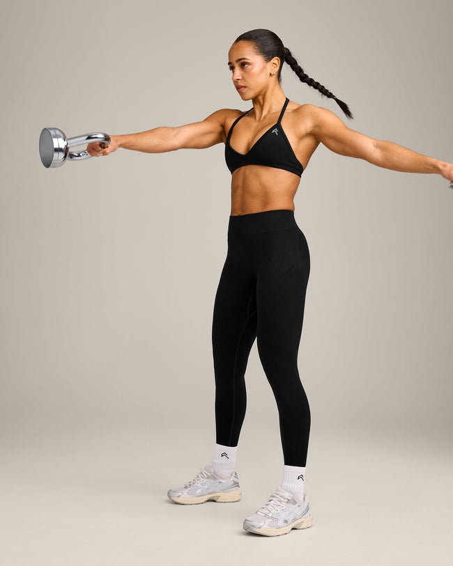 EnhanceLift™ Seamless Minimal Halter Neck Bralette with Gray Logo | Black