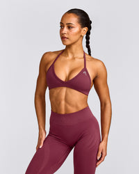 EnhanceLift™ Seamless Minimal Halter Neck Bralette with Gray Logo | Burnt Maroon