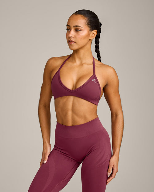 EnhanceLift™ Seamless Minimal Halter Neck Bralette with Gray Logo | Burnt Maroon