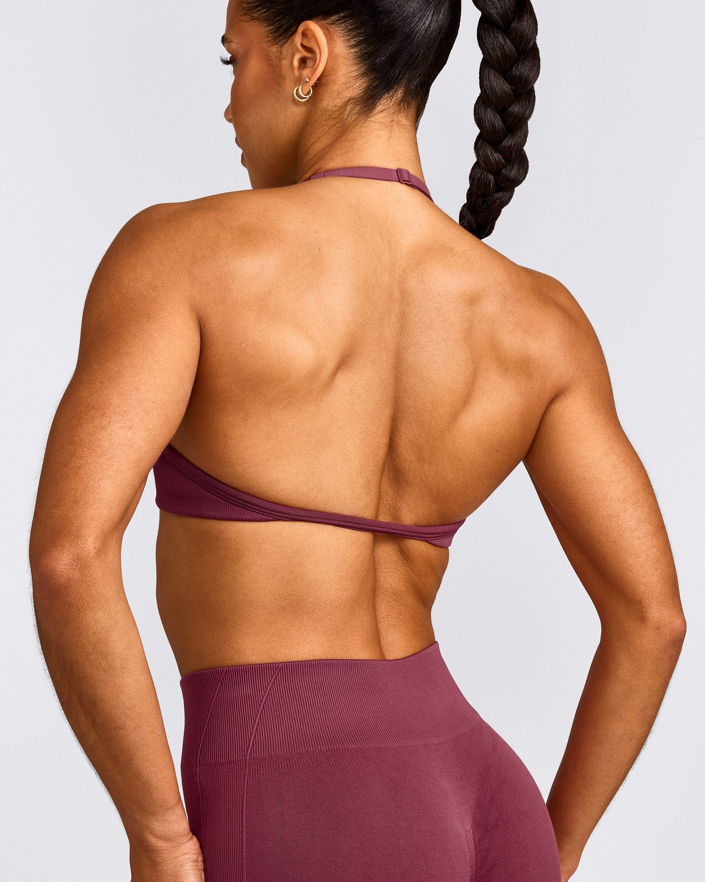 EnhanceLift™ Seamless Minimal Halter Neck Bralette with Gray Logo | Burnt Maroon