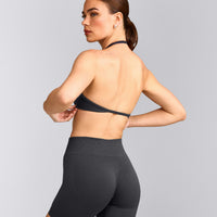 EnhanceLift™ Seamless Minimal Halter Neck Bralette with Gray Logo | Coal