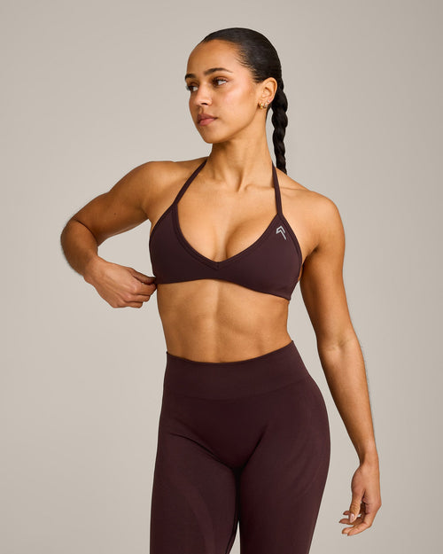 EnhanceLift™ Seamless Minimal Halter Neck Bralette with Gray Logo | Plum Brown