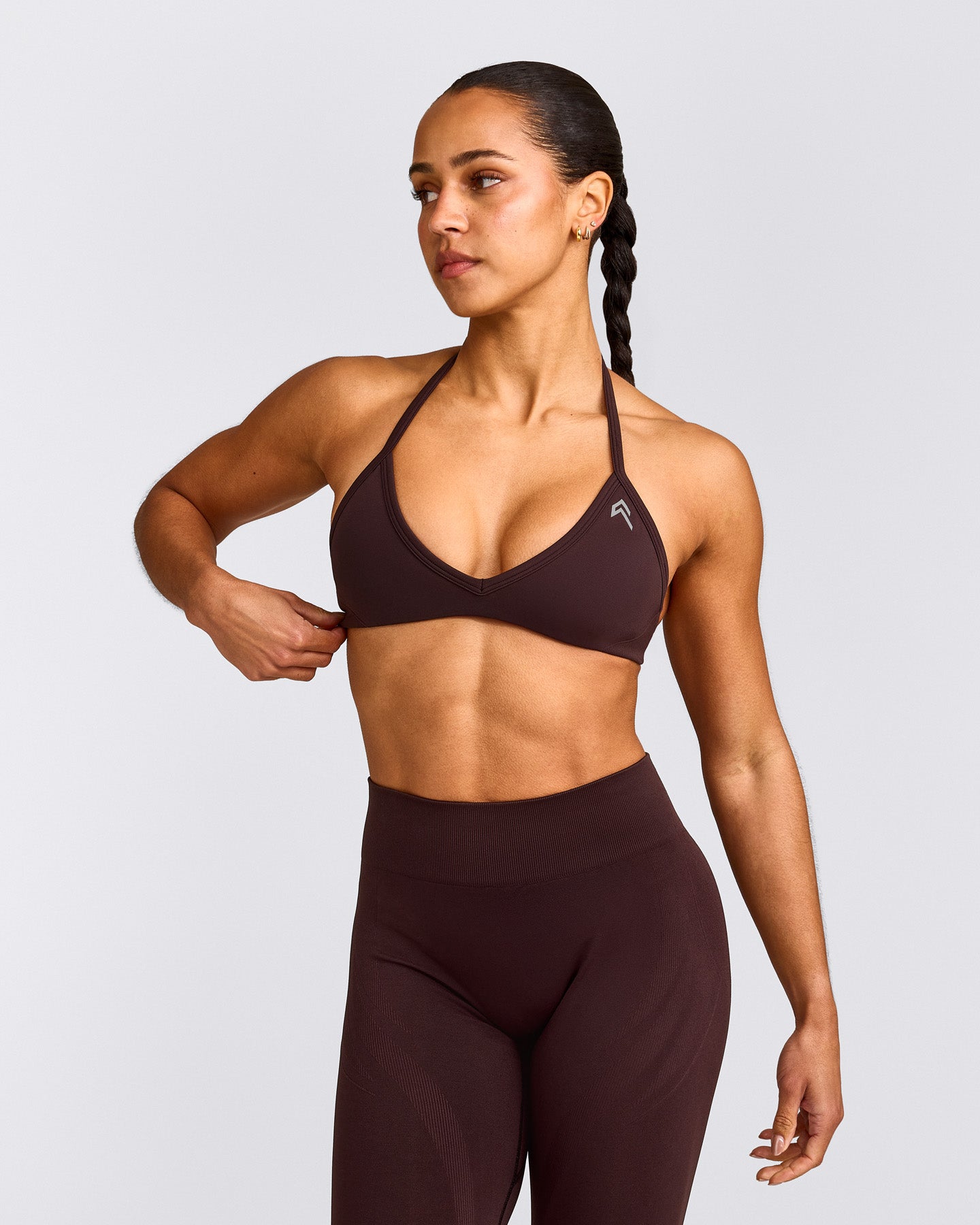 EnhanceLift™ Seamless Minimal Halter Neck Bralette with Gray Logo | Plum Brown