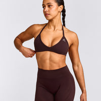 EnhanceLift™ Seamless Minimal Halter Neck Bralette with Gray Logo | Plum Brown