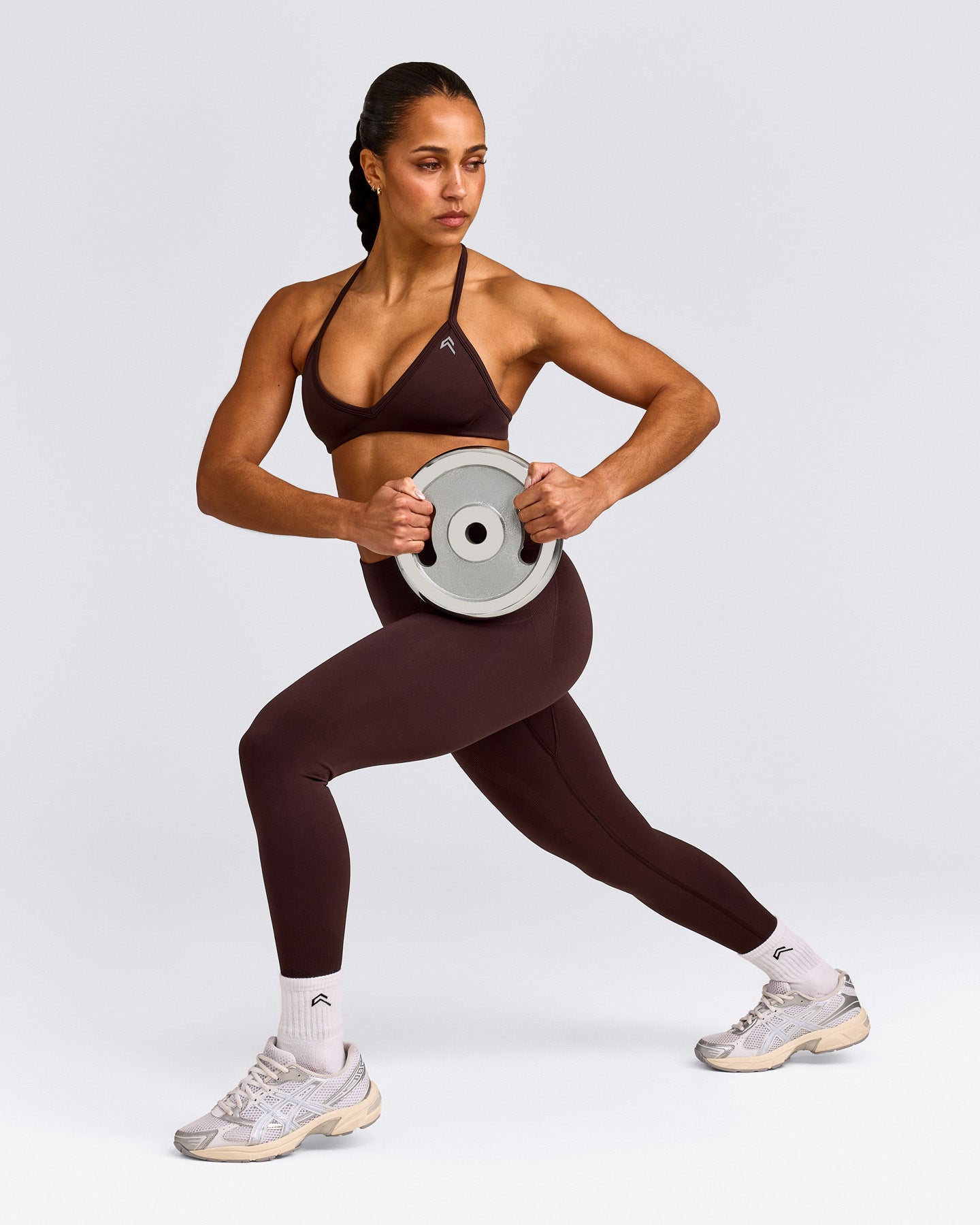 EnhanceLift™ Seamless Minimal Halter Neck Bralette with Gray Logo | Plum Brown