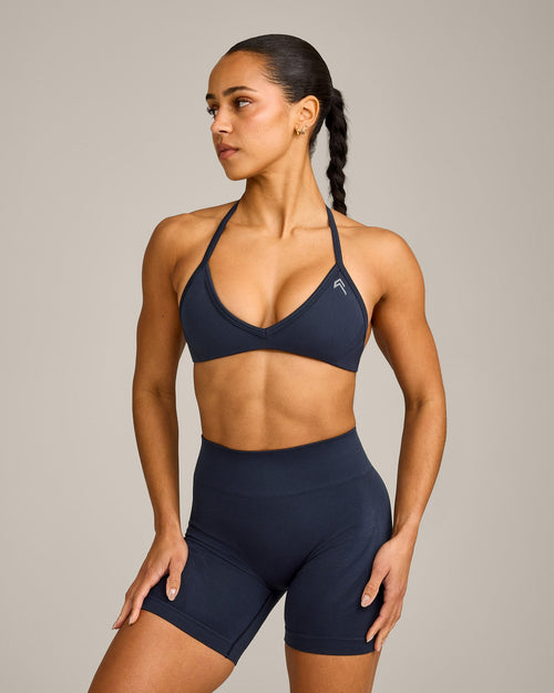 EnhanceLift™ Seamless Minimal Halter Neck Bralette with Gray Logo | True Blue