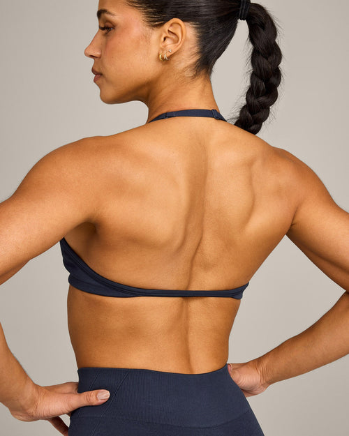 EnhanceLift™ Seamless Minimal Halter Neck Bralette with Gray Logo | True Blue