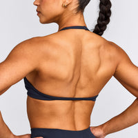 EnhanceLift™ Seamless Minimal Halter Neck Bralette with Gray Logo | True Blue