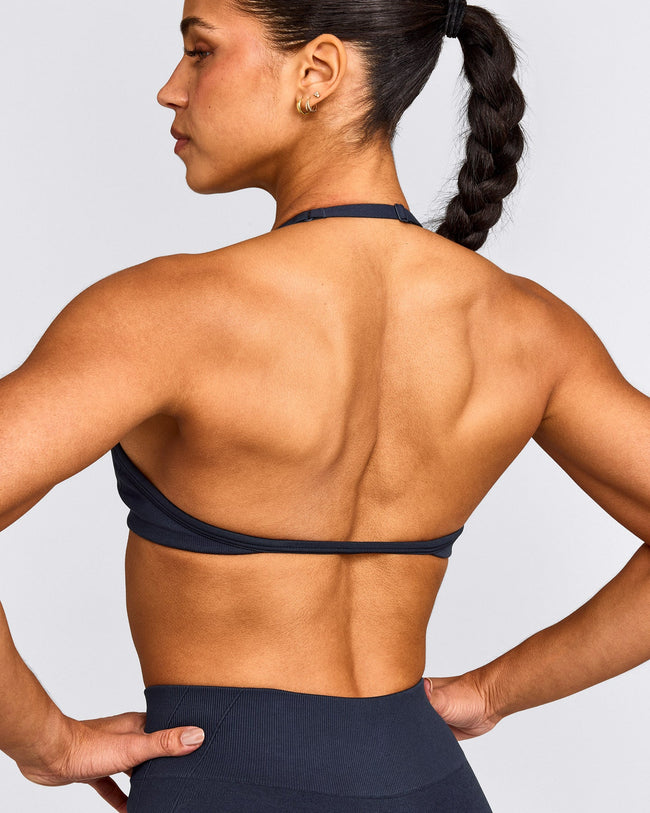 EnhanceLift™ Seamless Minimal Halter Neck Bralette with Gray Logo | True Blue