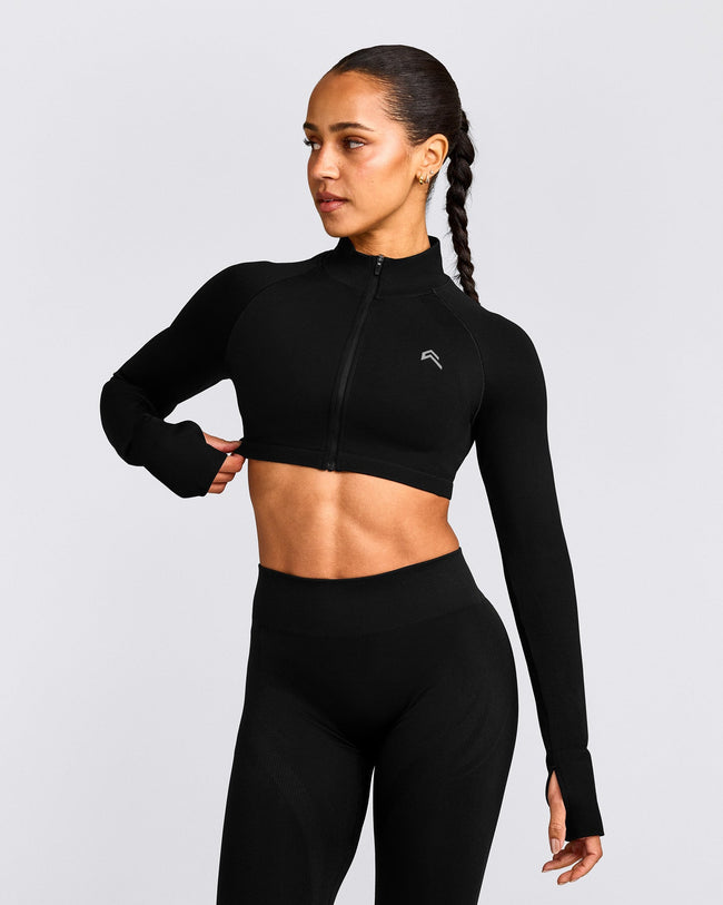 EnhanceLift™ Seamless Crop Jacket with Gray Logo | Black