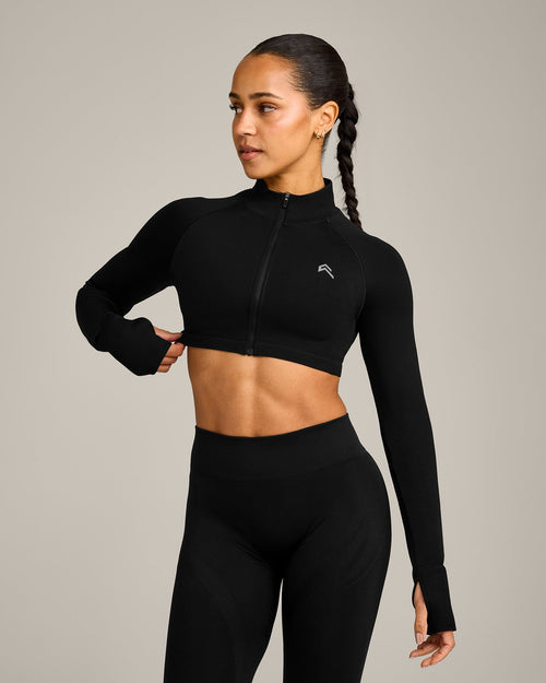 EnhanceLift™ Seamless Crop Jacket with Gray Logo | Black