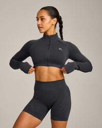 EnhanceLift™ Seamless Crop Jacket with Gray Logo | Coal