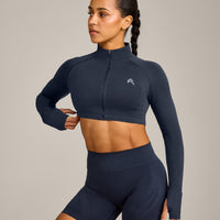 EnhanceLift™ Seamless Crop Jacket with Gray Logo | True Blue