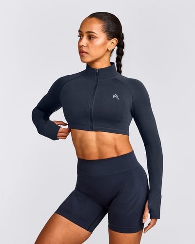 EnhanceLift™ Seamless Crop Jacket with Gray Logo | True Blue