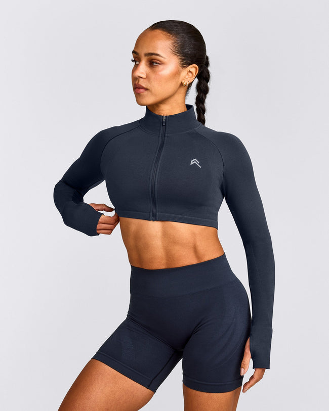 EnhanceLift™ Seamless Crop Jacket with Gray Logo | True Blue